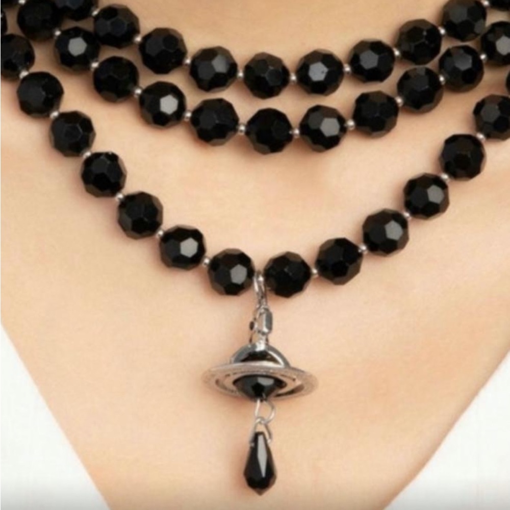 Vivienne Westwood black crystal beads triple layers  Saturn orb choker